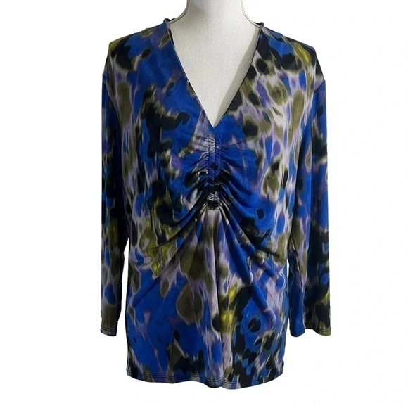 Premise Studio Blouse XL Abstract Watercolor Gathered Chest Stretch Colorful Top - Picture 1 of 8
